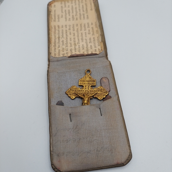 Vintage Brass Crucifixion Cross w/ Holder. German writings in holder. - Picture 1 of 10